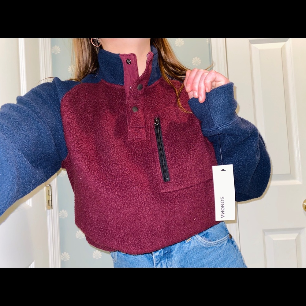 Thick sherpa color block jacket in red & blue (: